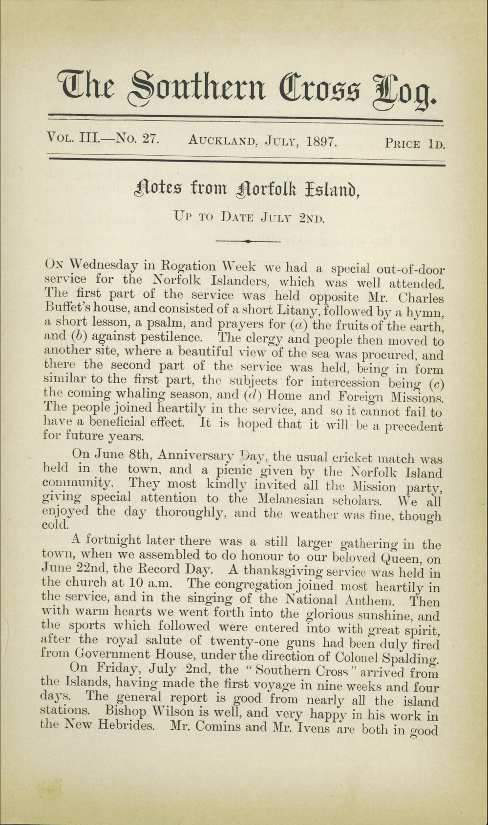 Southern Cross Log: Issue 27, July 1897