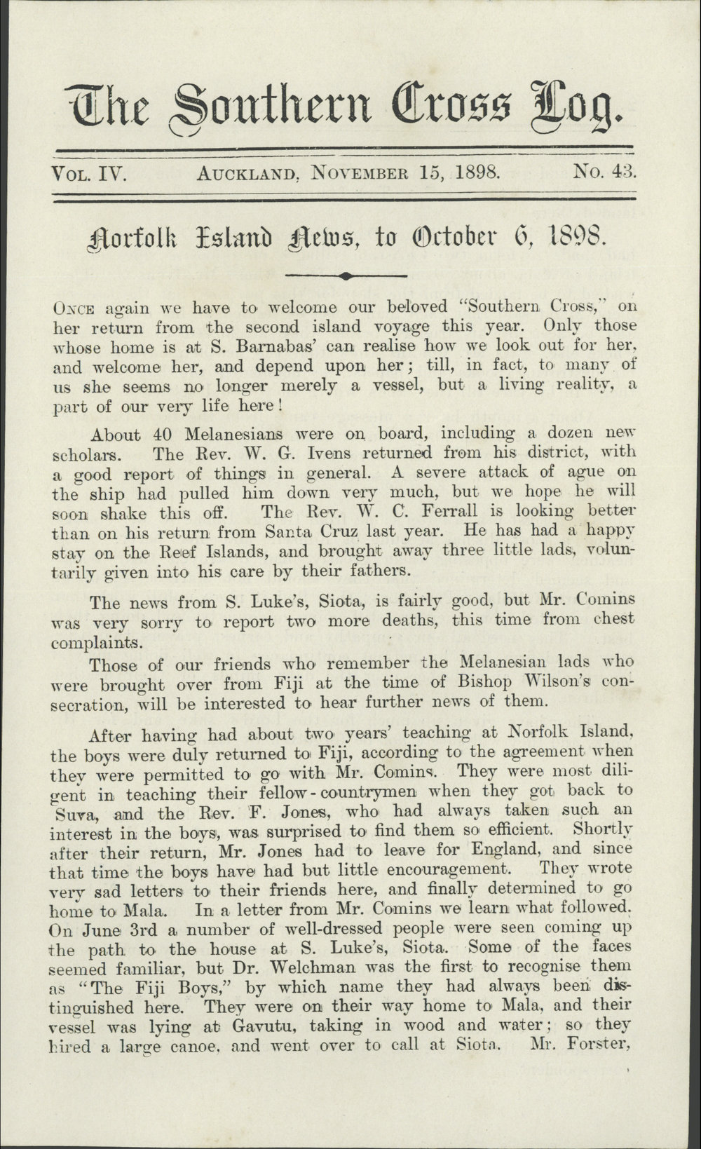 Southern Cross Log: Issue 43, November 1898