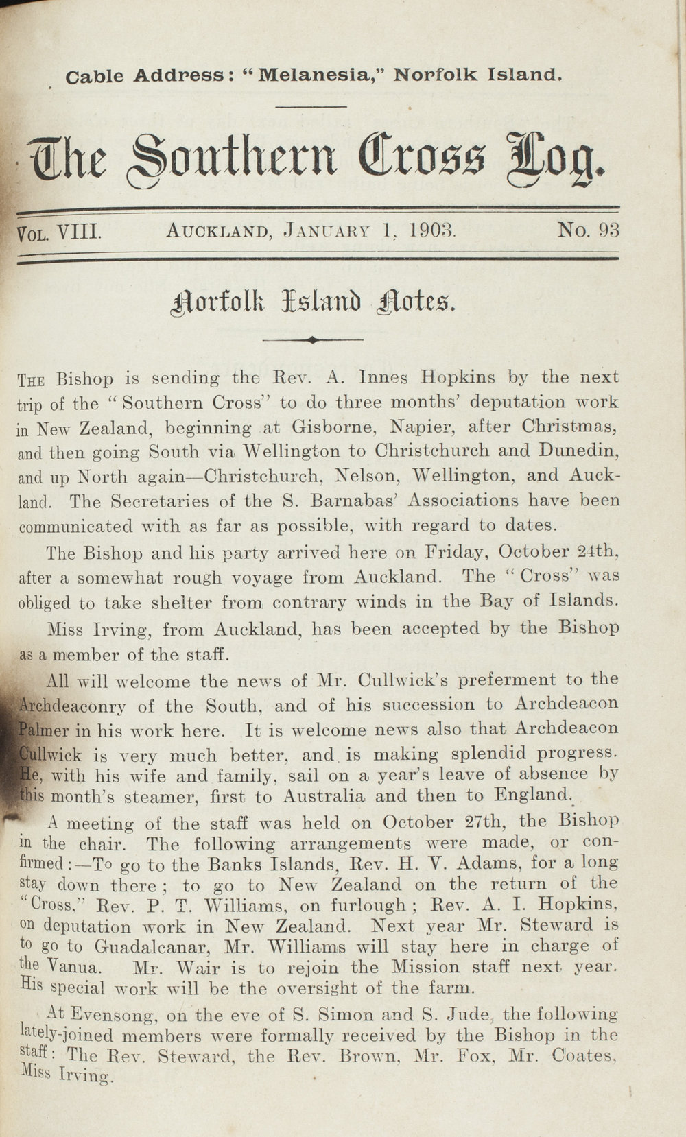Southern Cross Log: Issue 93, January 1903