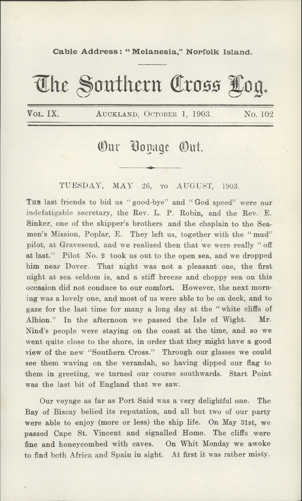 Southern Cross Log: Issue 102, October 1903