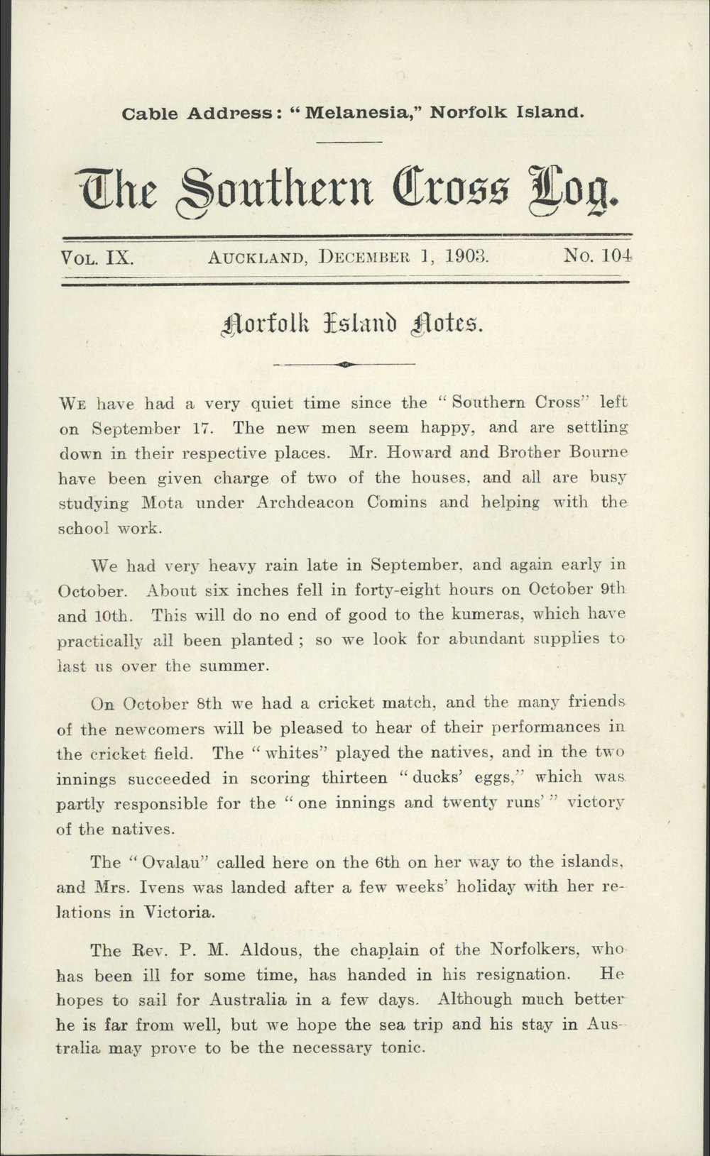 Southern Cross Log: Issue 104, December 1903