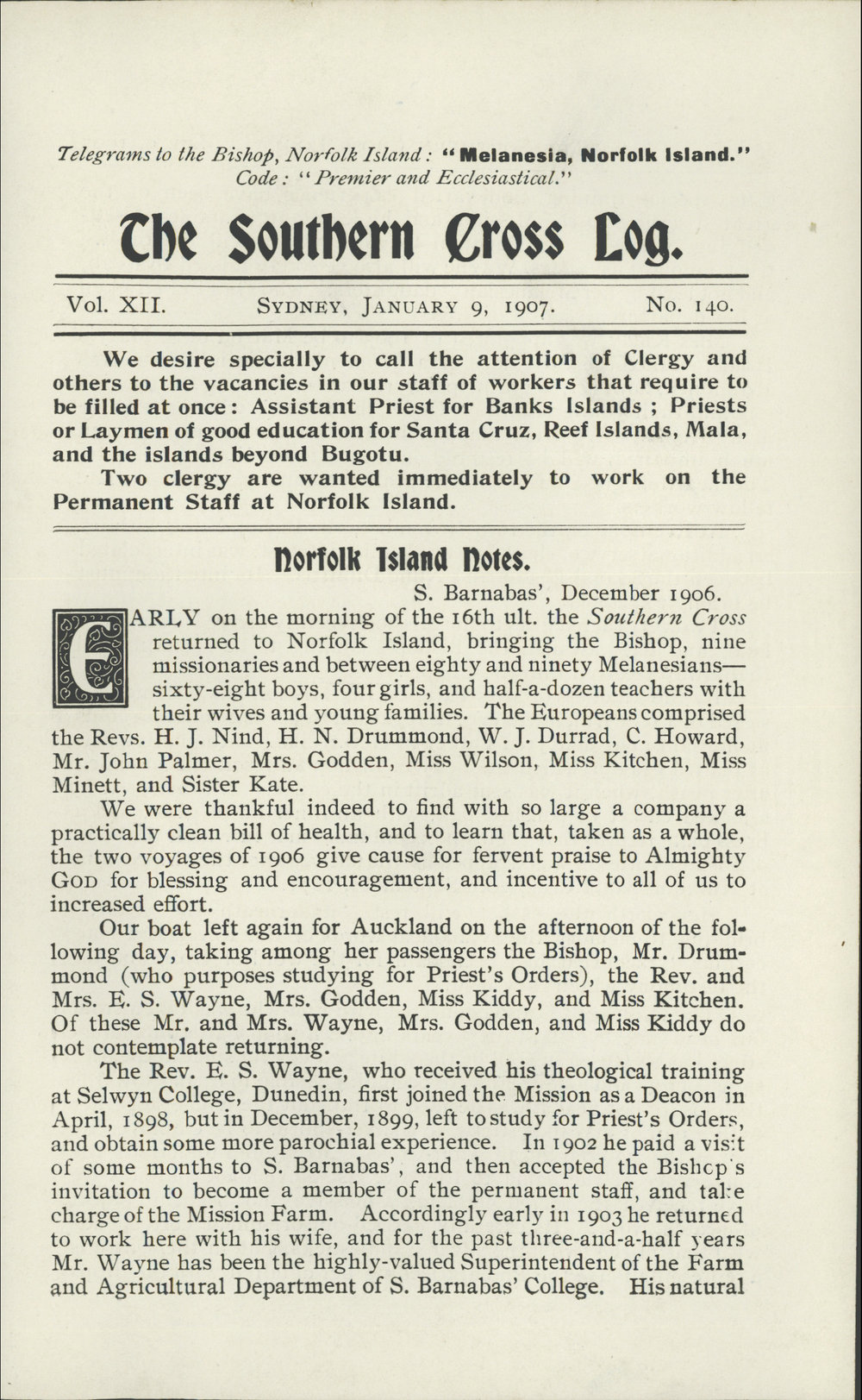 Southern Cross Log: Issue 140, January 1907