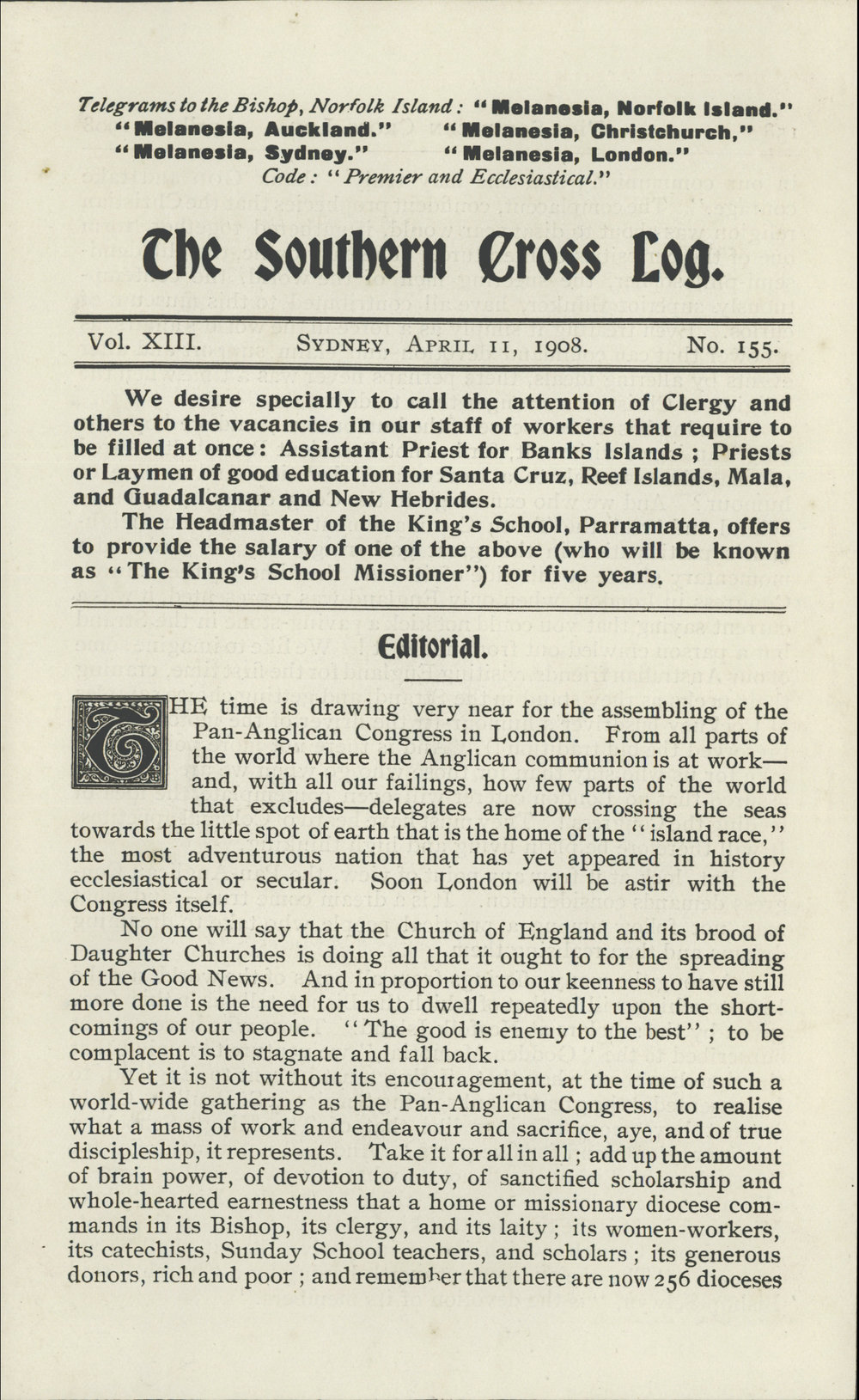 Southern Cross Log: Issue 155, April 1908