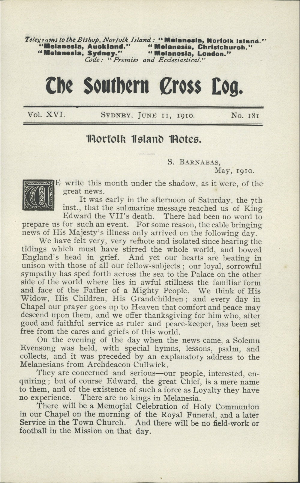 Southern Cross Log: Issue 181, June 1910