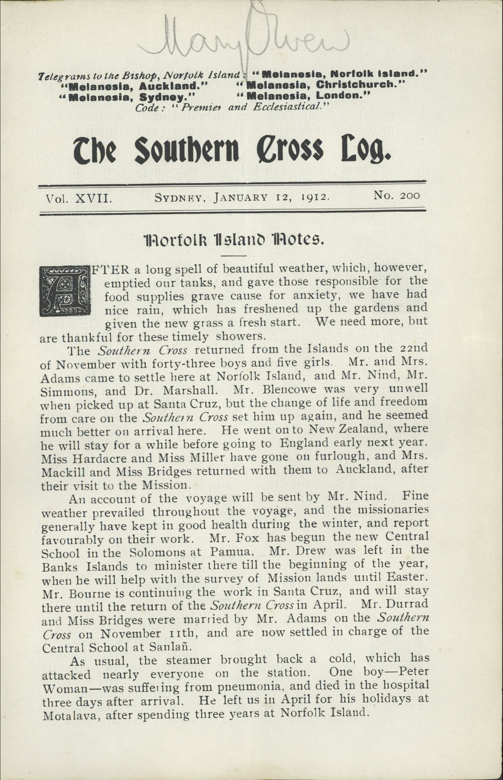 Southern Cross Log: Issue 200, January 1912