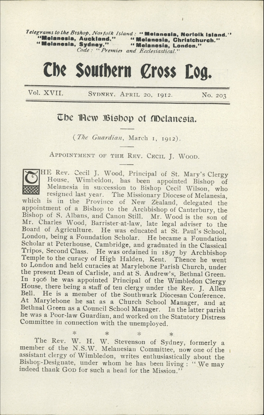 Southern Cross Log: Issue 203, April 1912