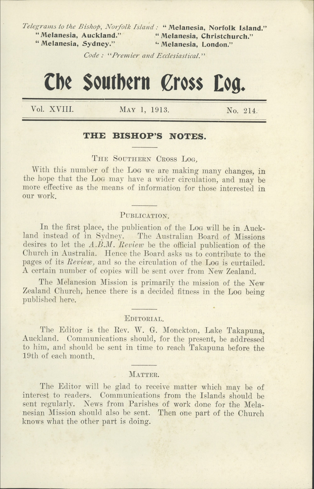 Southern Cross Log: Issue 214, May 1913