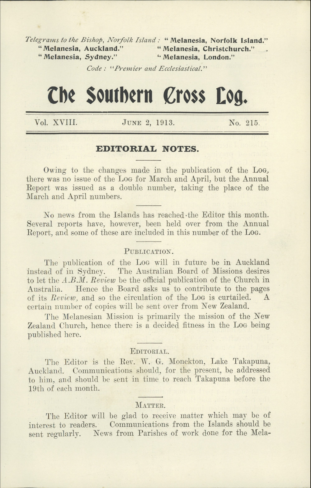 Southern Cross Log: Issue 215, June 1913