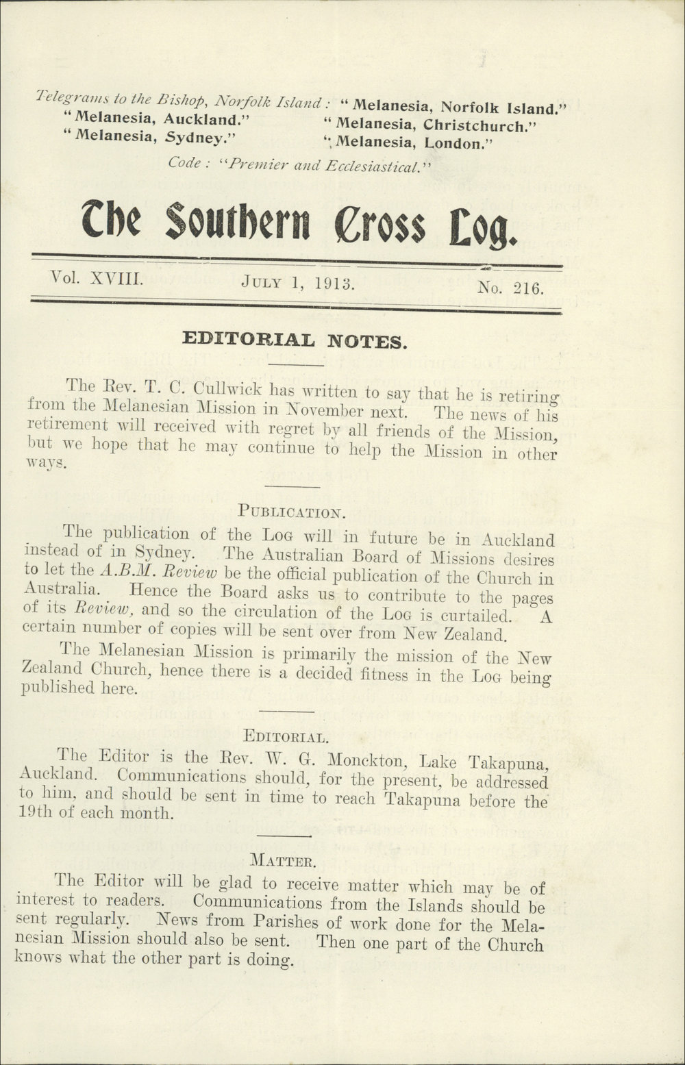 Southern Cross Log: Issue 216, July 1913