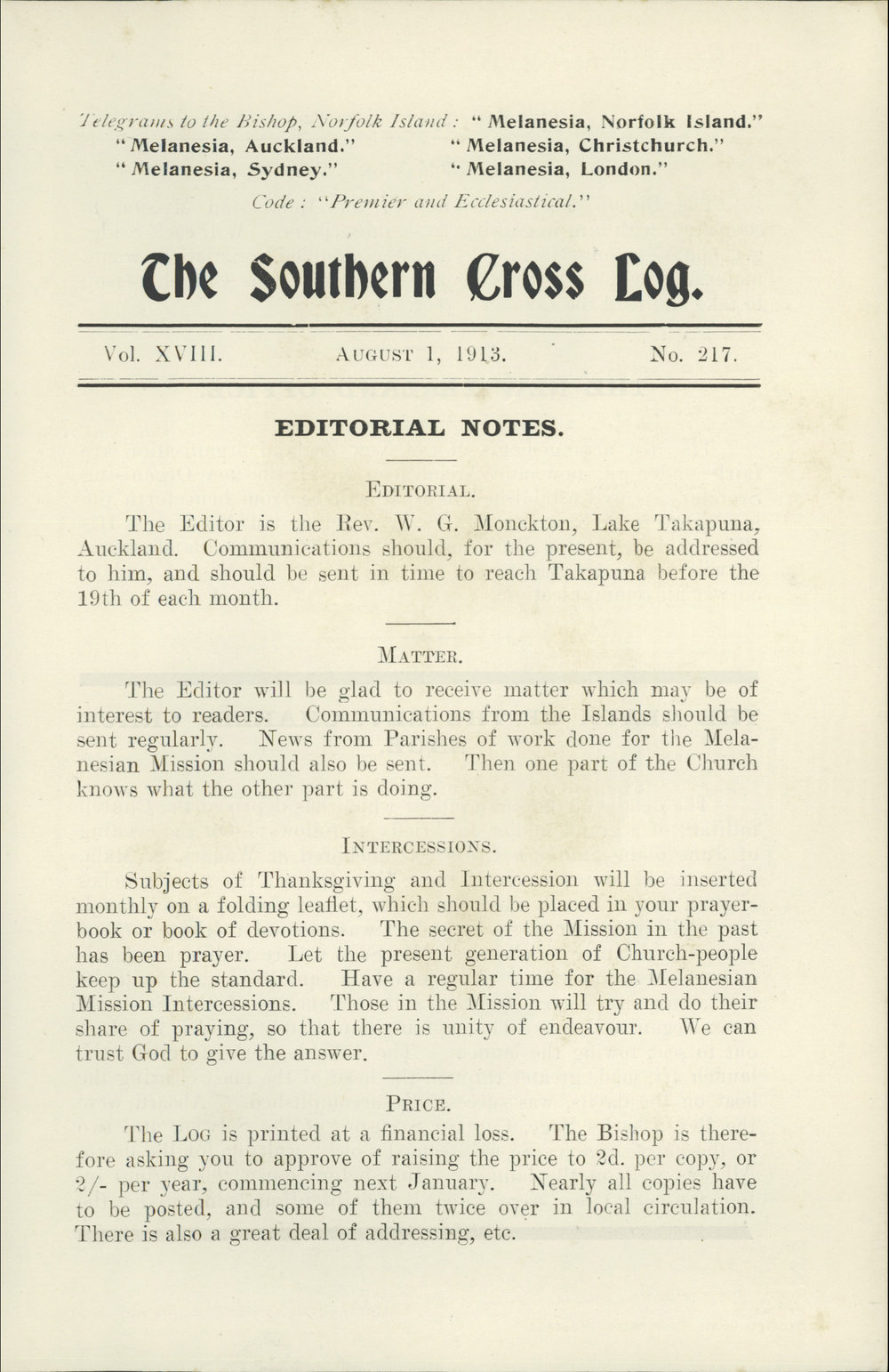 Southern Cross Log: Issue 217, August 1913