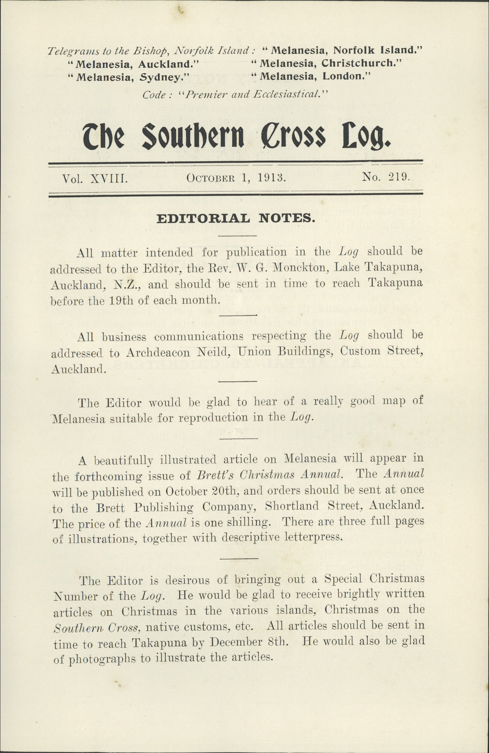 Southern Cross Log: Issue 219, October 1913
