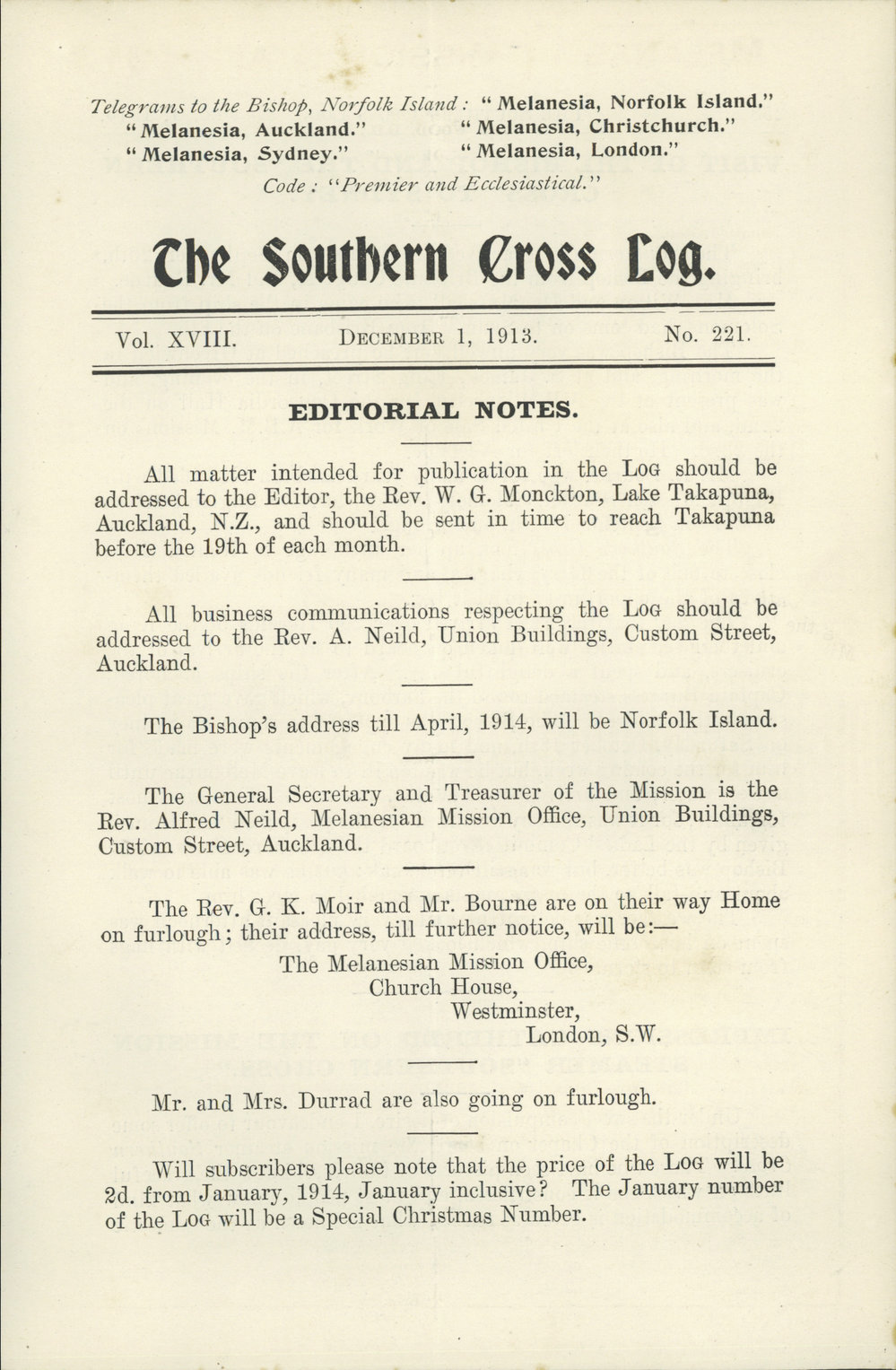 Southern Cross Log: Issue 221, December 1913