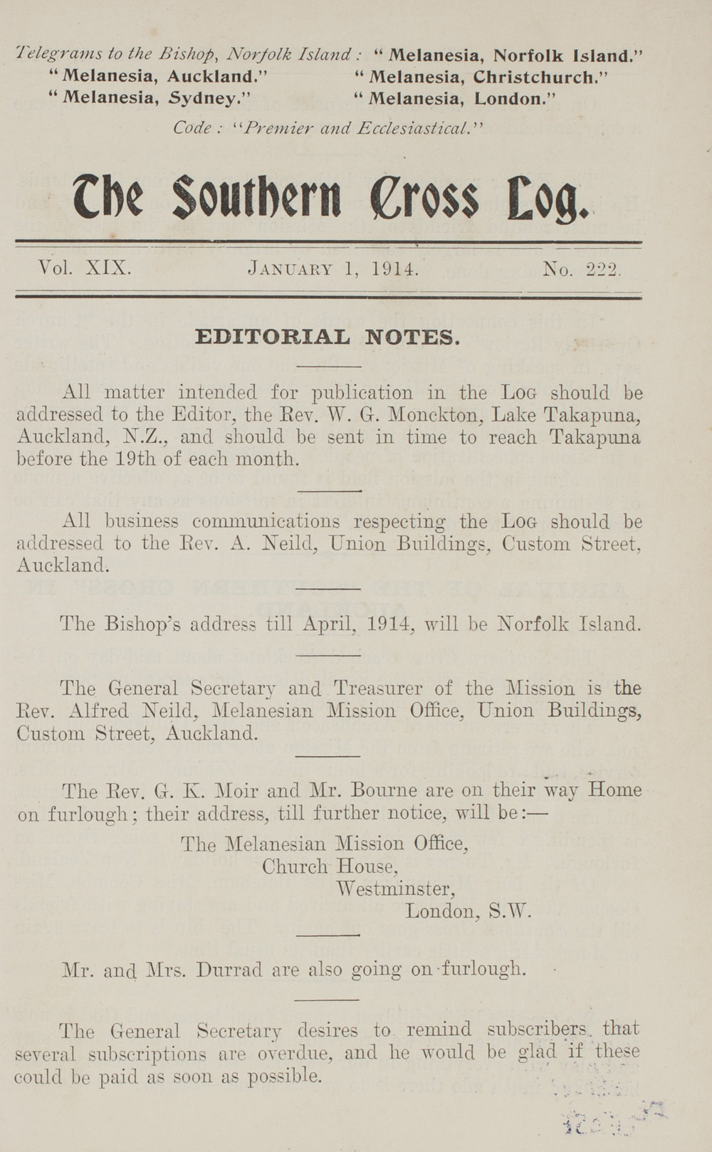 Southern Cross Log: Issue 222, January 1914