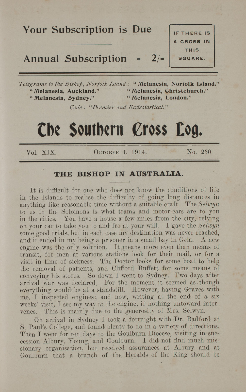 Southern Cross Log: Issue 230, October 1914