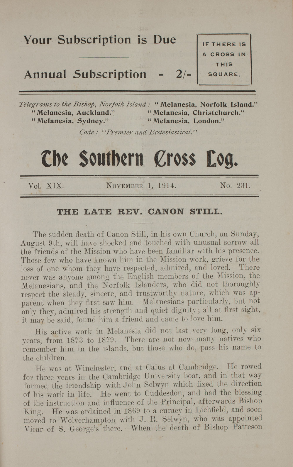 Southern Cross Log: Issue 231, November 1914