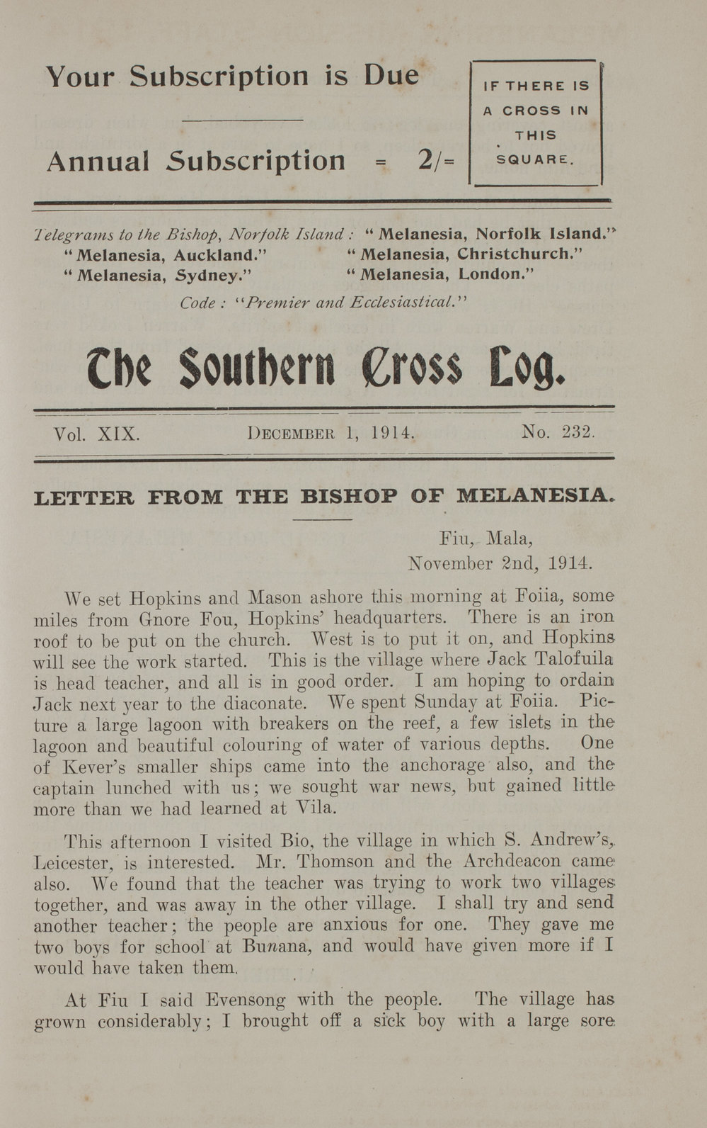 Southern Cross Log: Issue 232, December 1914