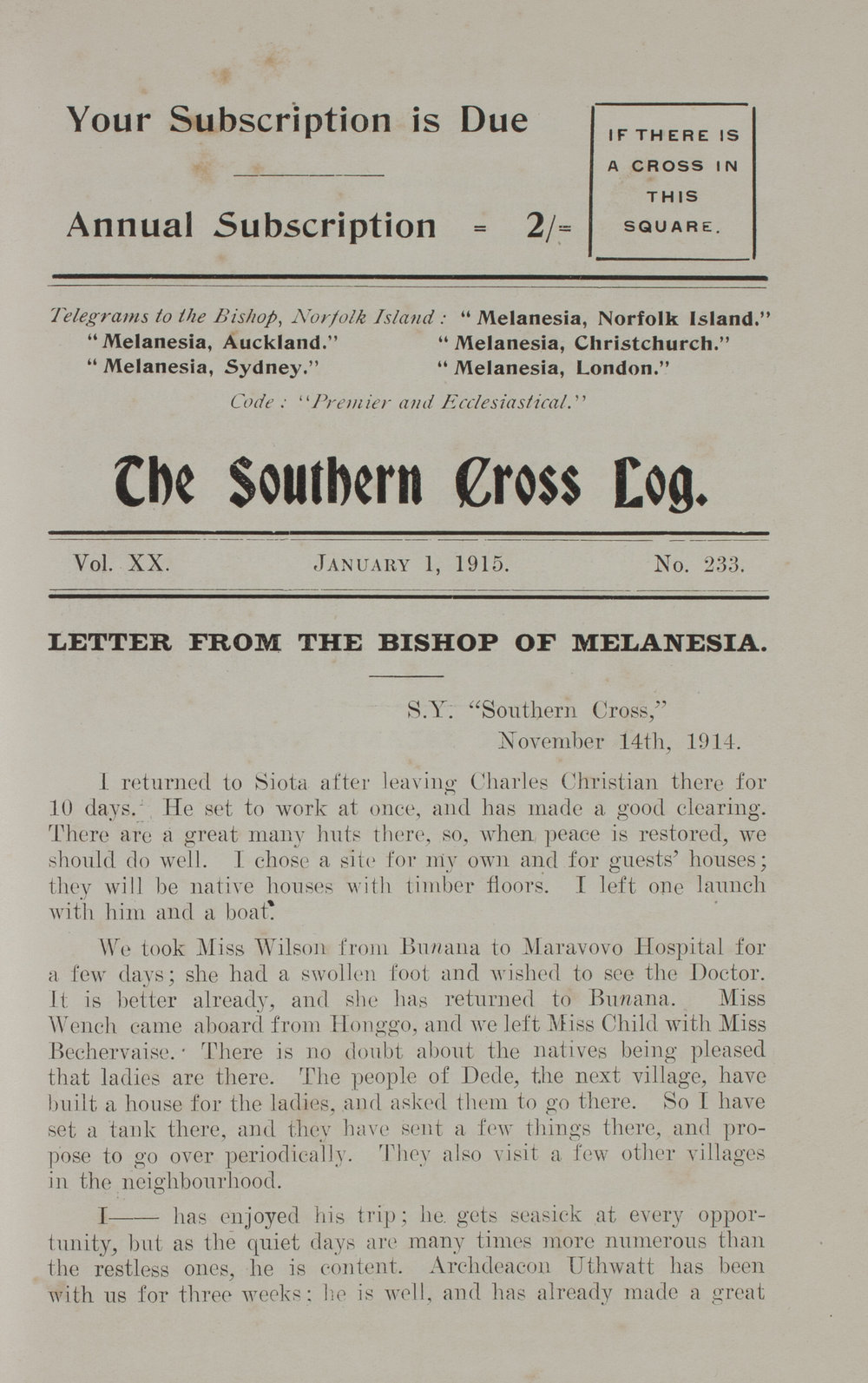 Southern Cross Log: Issue 233, January 1915