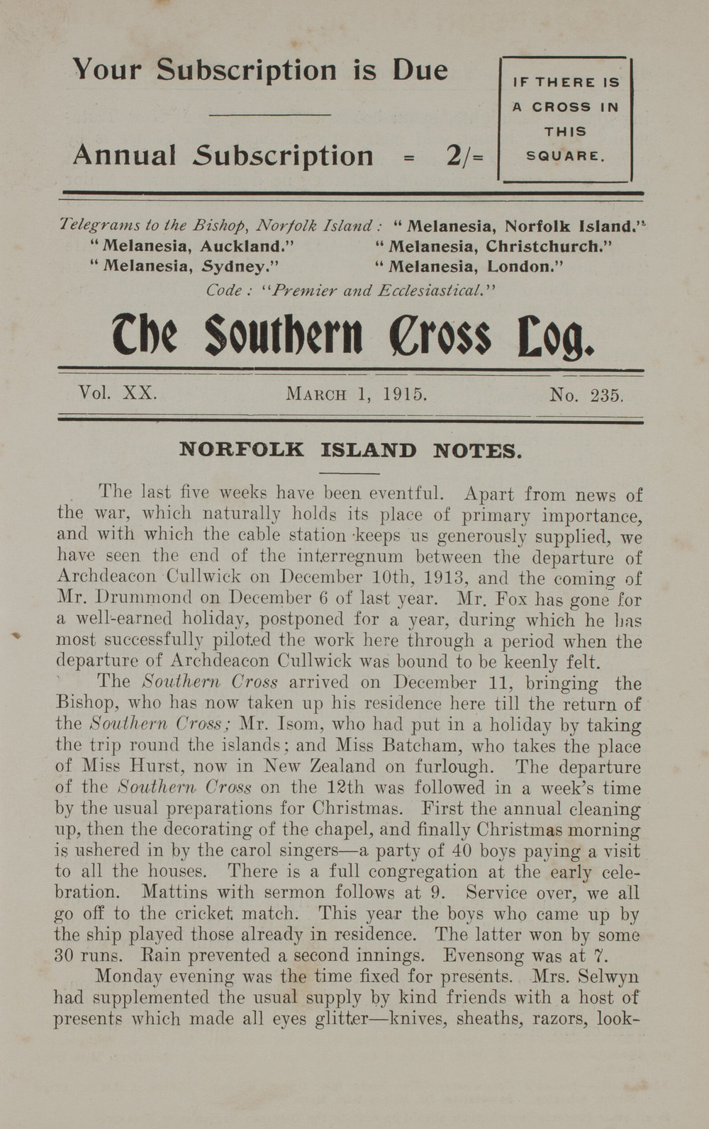 Southern Cross Log: Issue 235, March 1915