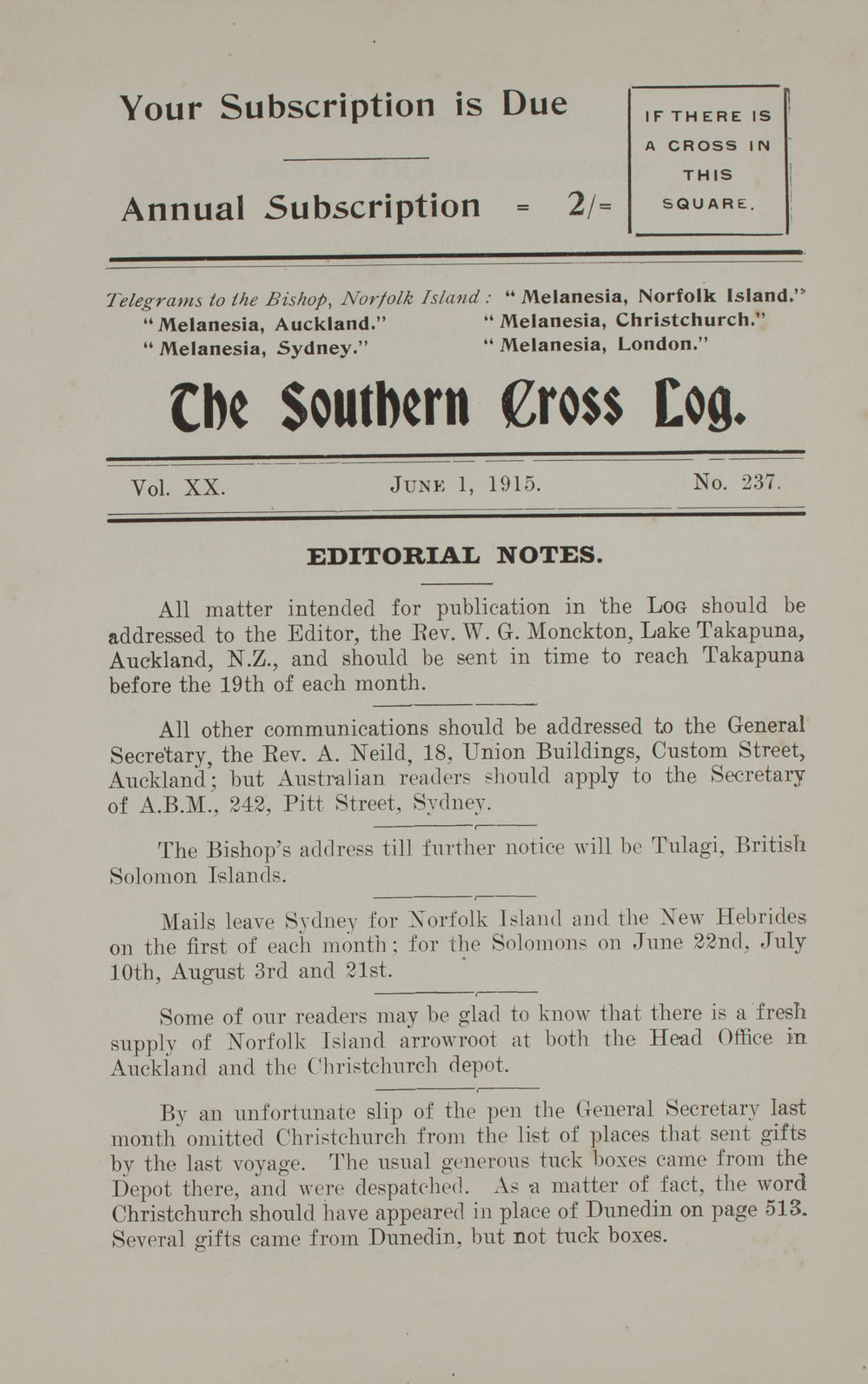 Southern Cross Log: Issue 237, June 1915