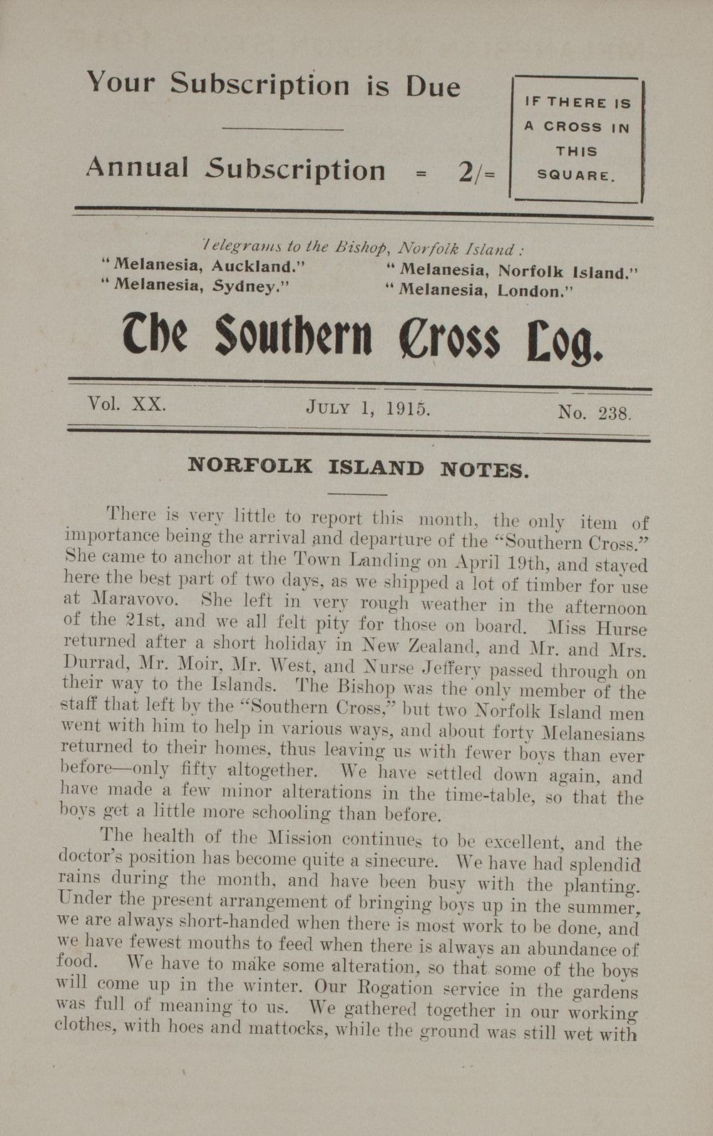 Southern Cross Log: Issue 238, July 1915