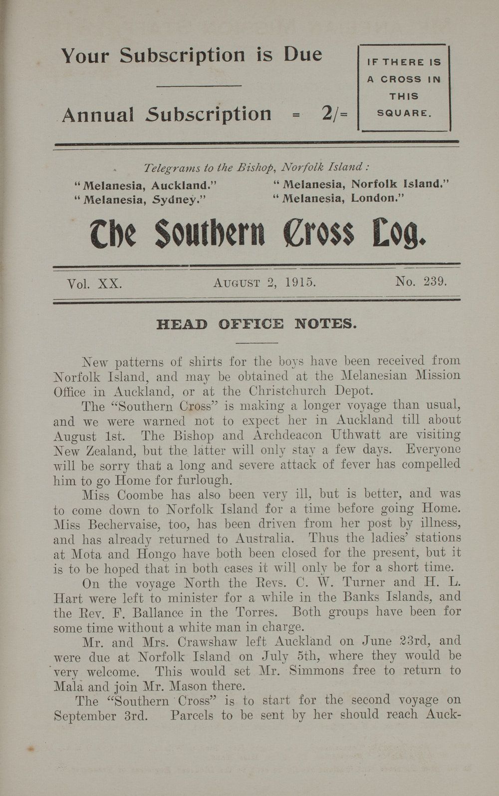 Southern Cross Log: Issue 239, August 1915