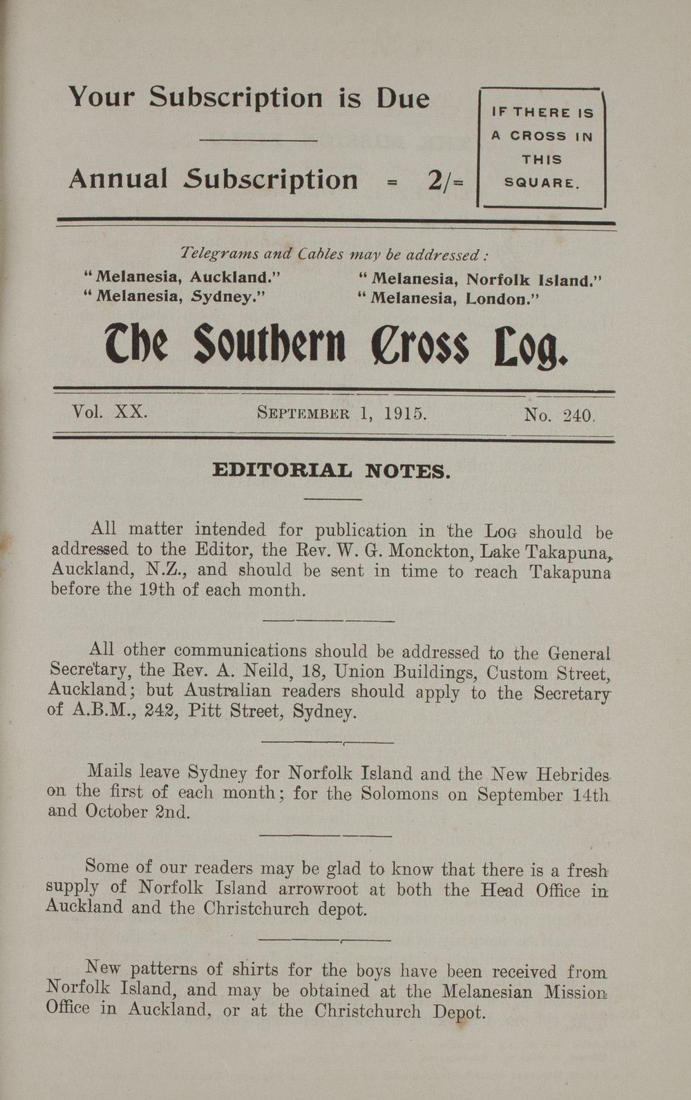 Southern Cross Log: Issue 240, September 1915