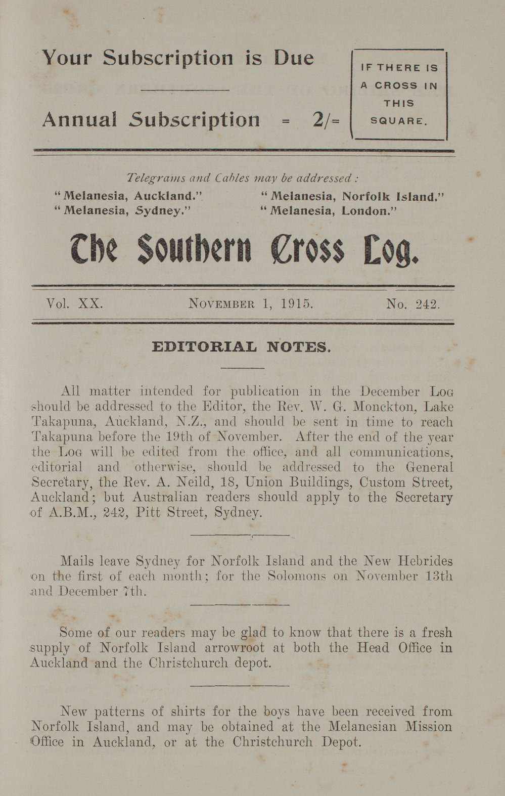 Southern Cross Log: Issue 242, November 1915