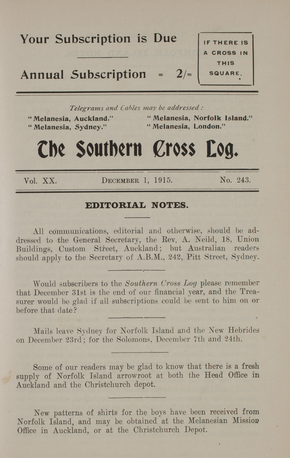 Southern Cross Log: Issue 243, December 1915