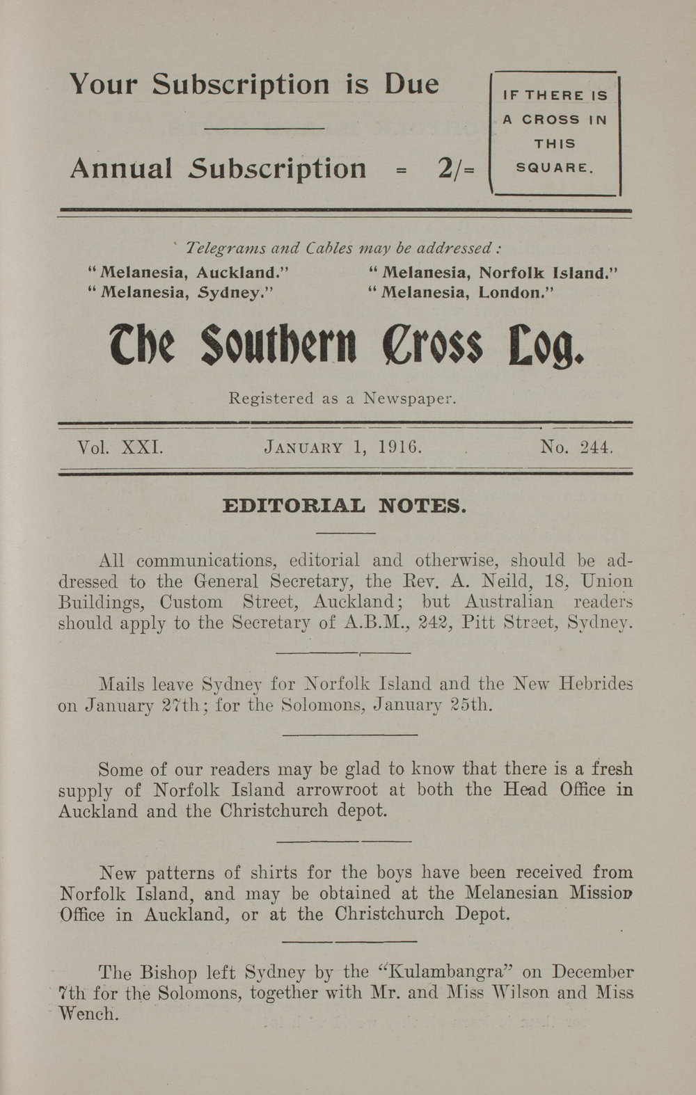 Southern Cross Log: Issue 244, January 1916