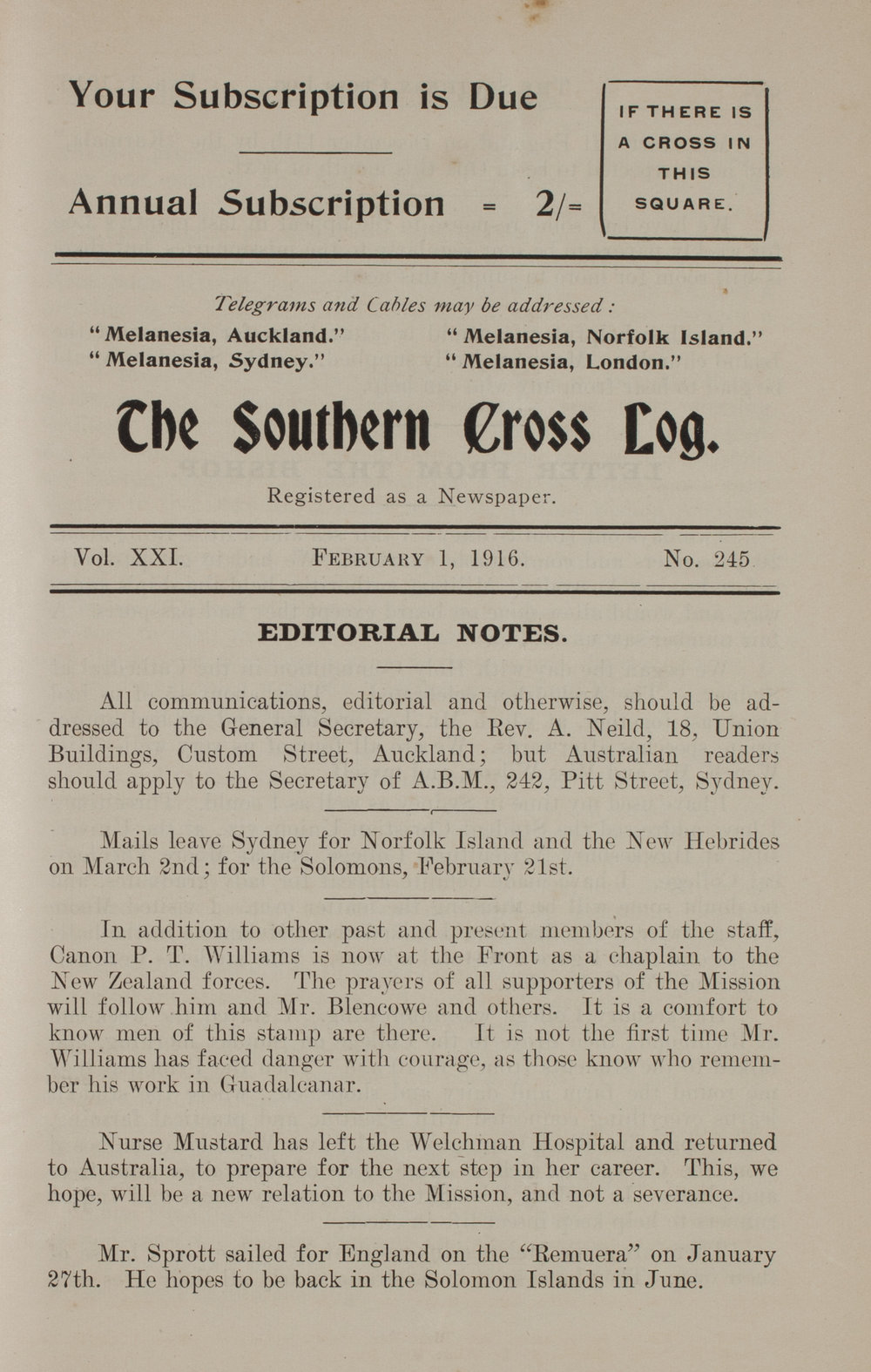 Southern Cross Log: Issue 245, February 1916
