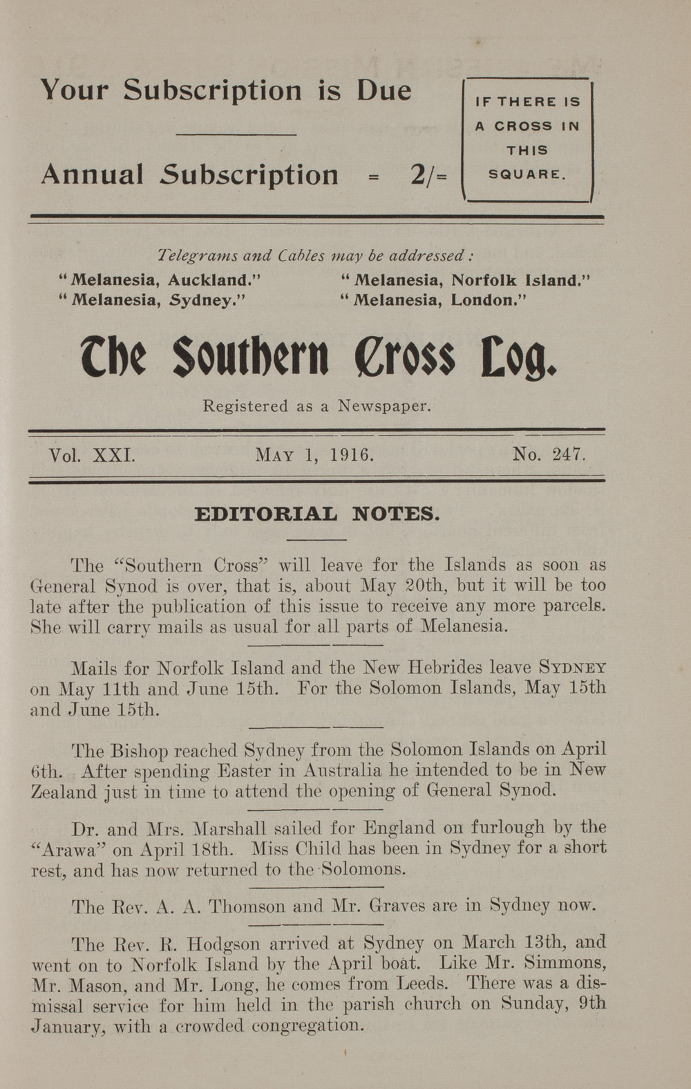 Southern Cross Log: Issue 247, May 1916