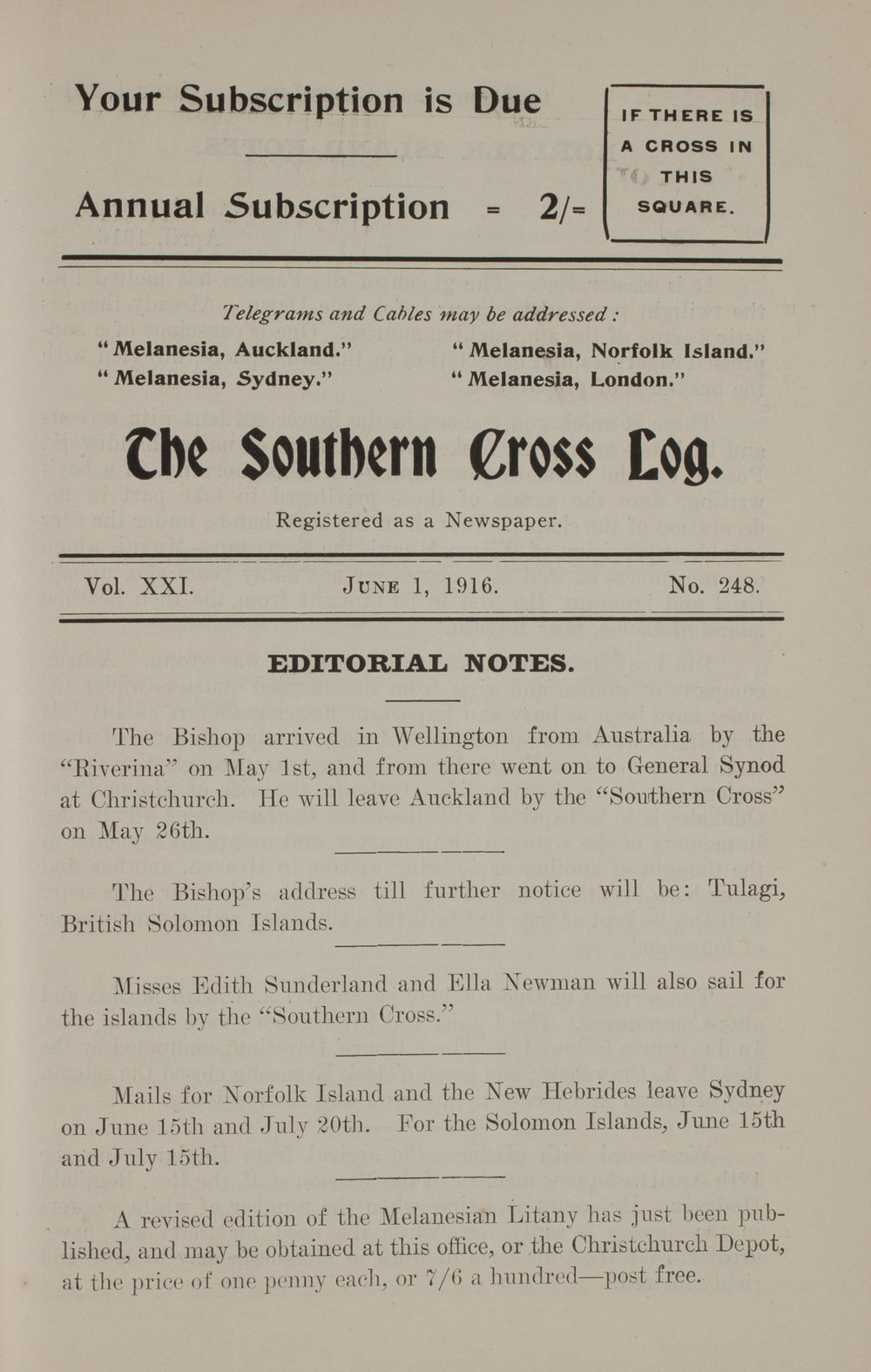 Southern Cross Log: Issue 248, June 1916