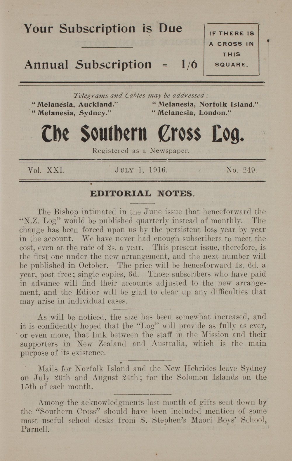 Southern Cross Log: Issue 249, July 1916