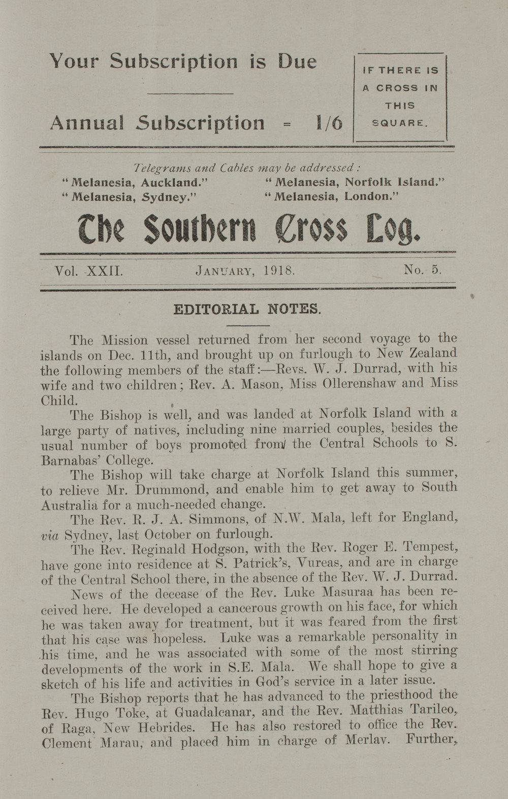 Southern Cross Log: Issue 5, January 1918