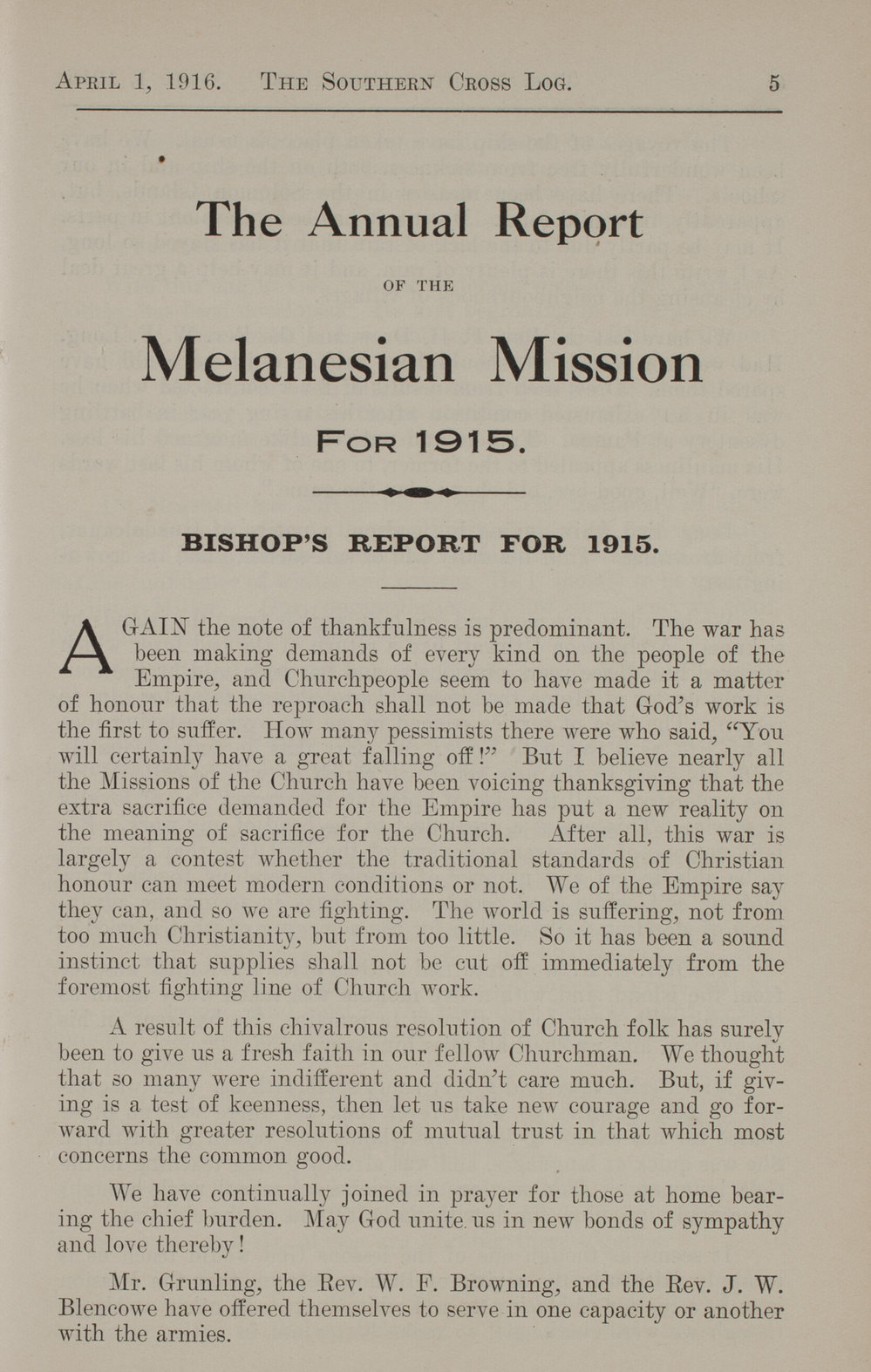 Southern Cross Log: Annual Report for 1915