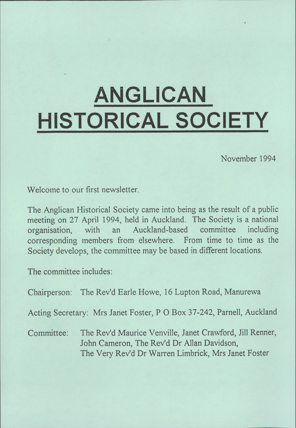 Anglican Historical Society: November 1994 - Newsletter 01