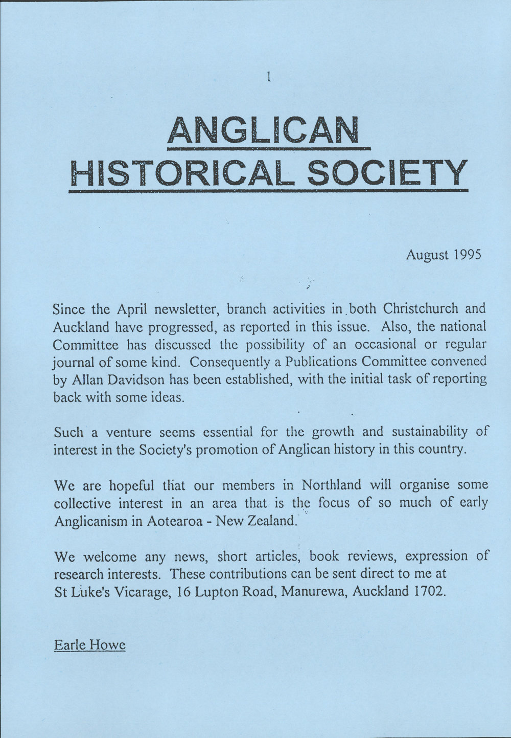 Anglican Historical Society: August 1995 - Newsletter 03