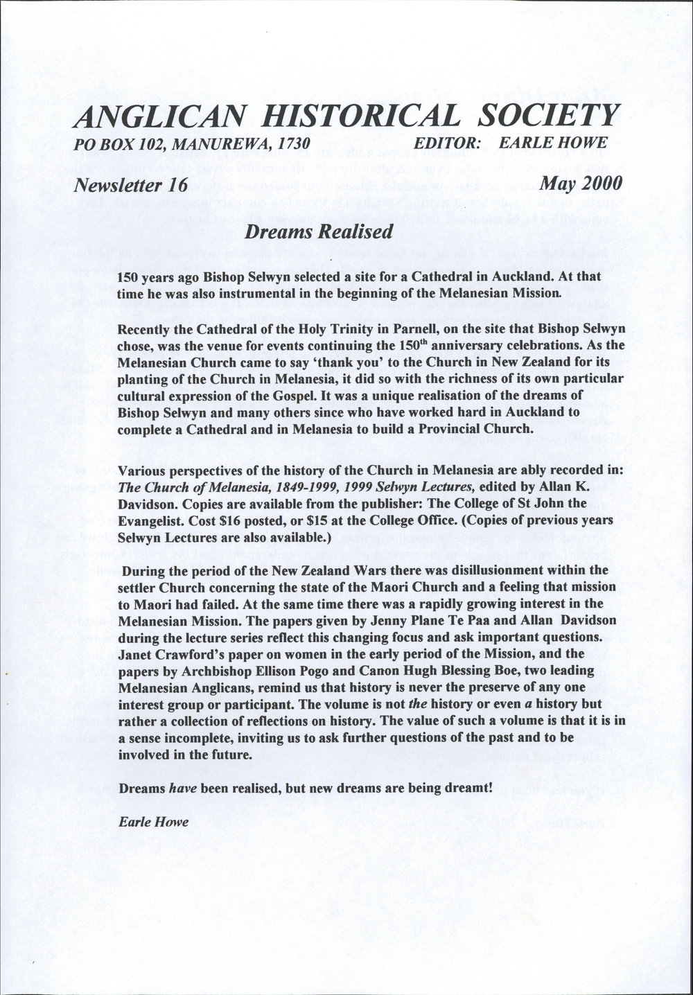Anglican Historical Society: May 2000 - Newsletter 16