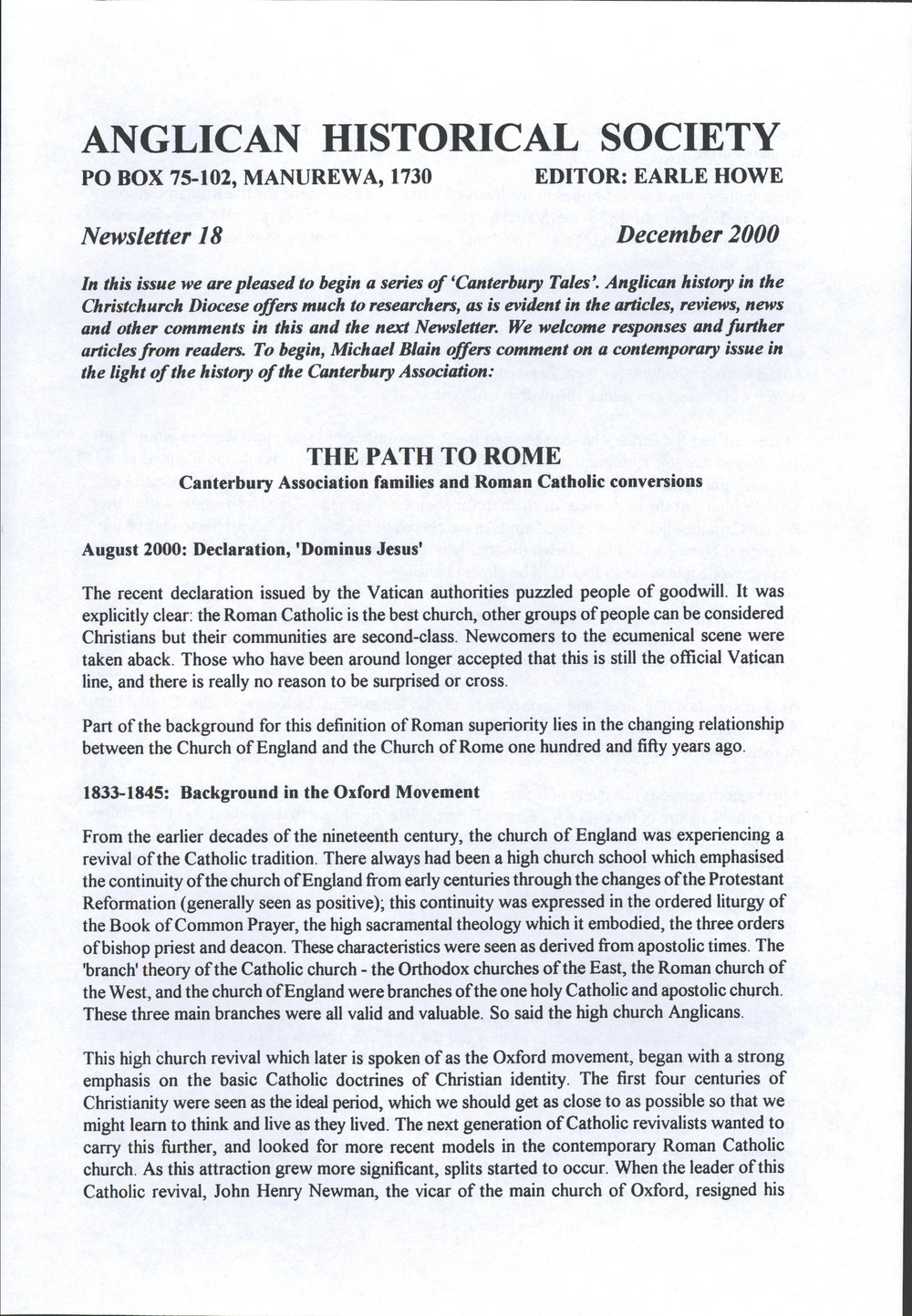 Anglican Historical Society: December 2000 - Newsletter 18