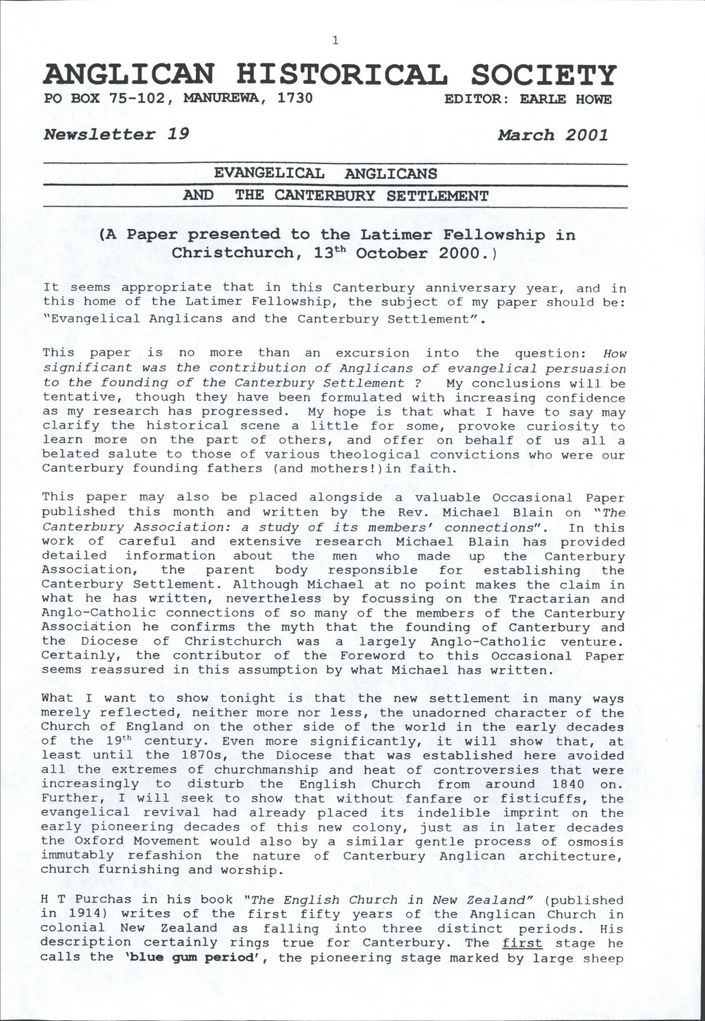 Anglican Historical Society: March 2001 - Newsletter 19