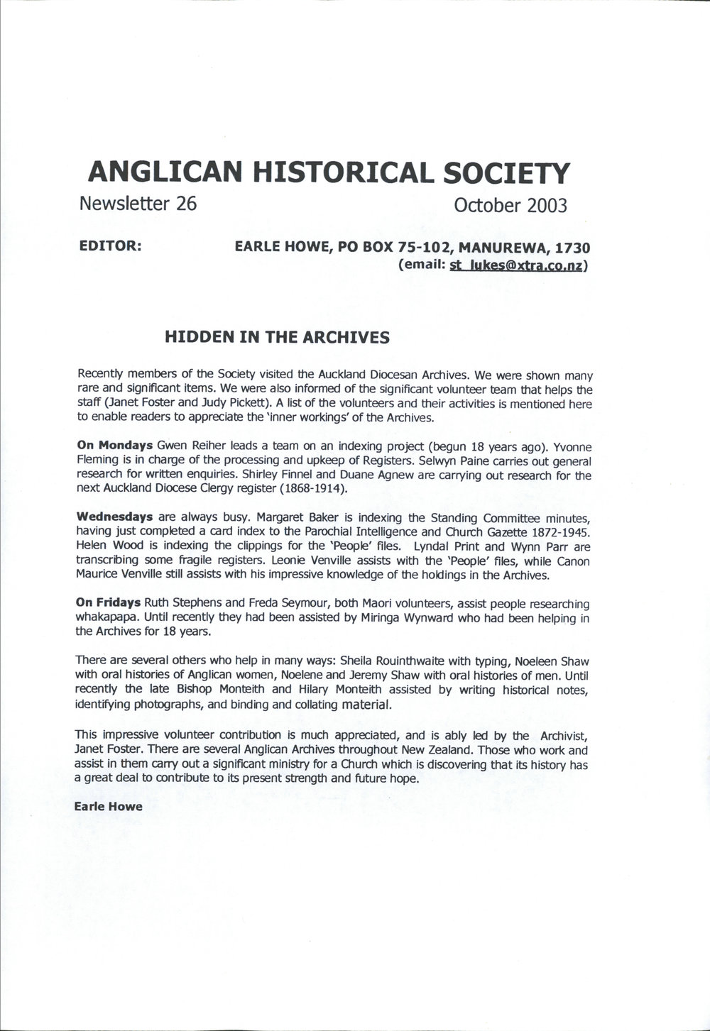 Anglican Historical Society: October 2003 - Newsletter 26
