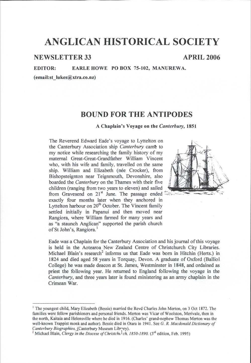Anglican Historical Society: April 2006 - Newsletter 33