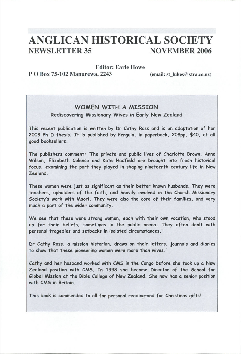 Anglican Historical Society: November 2006 - Newsletter 35