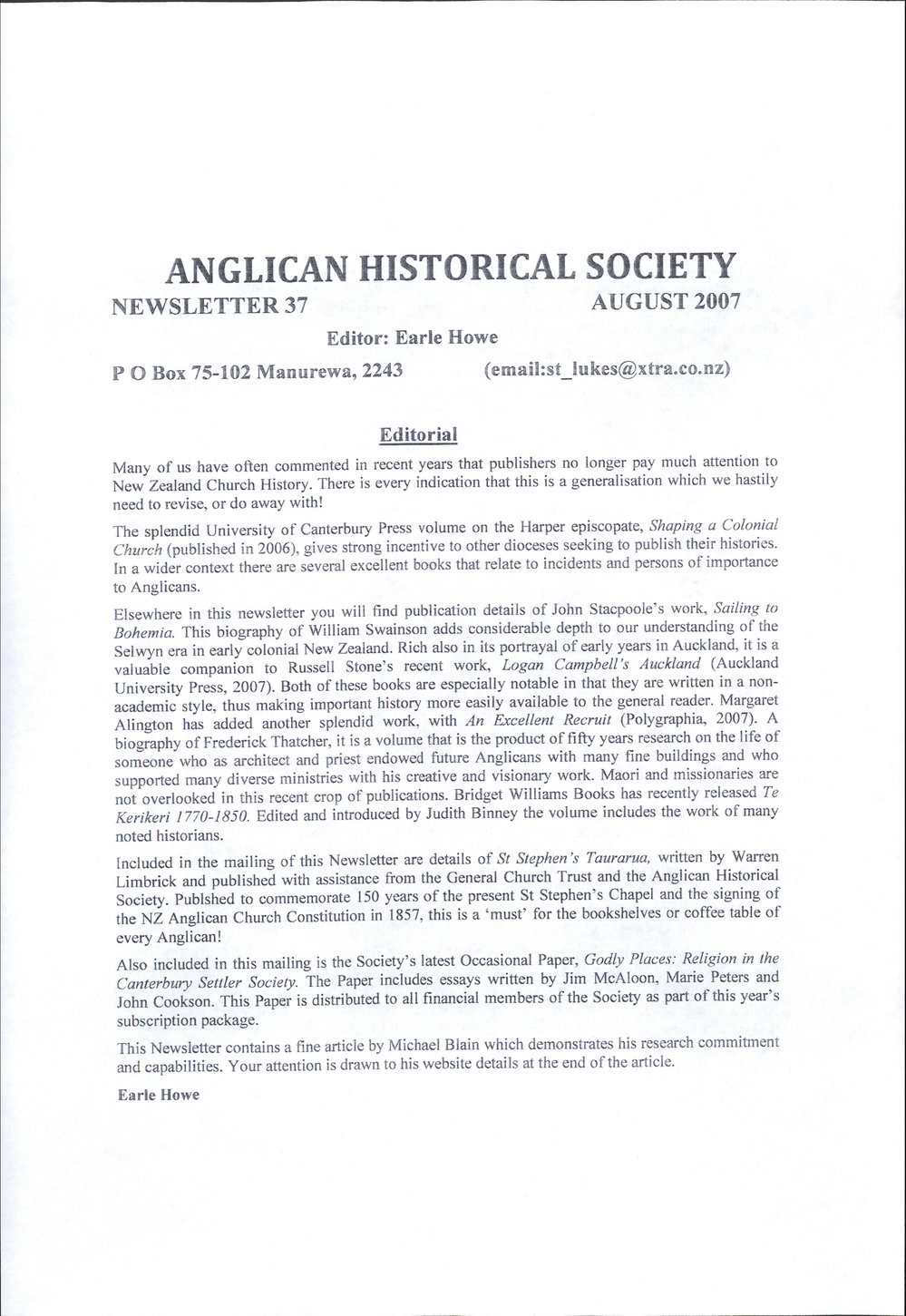 Anglican Historical Society: August 2007 - Newsletter 37