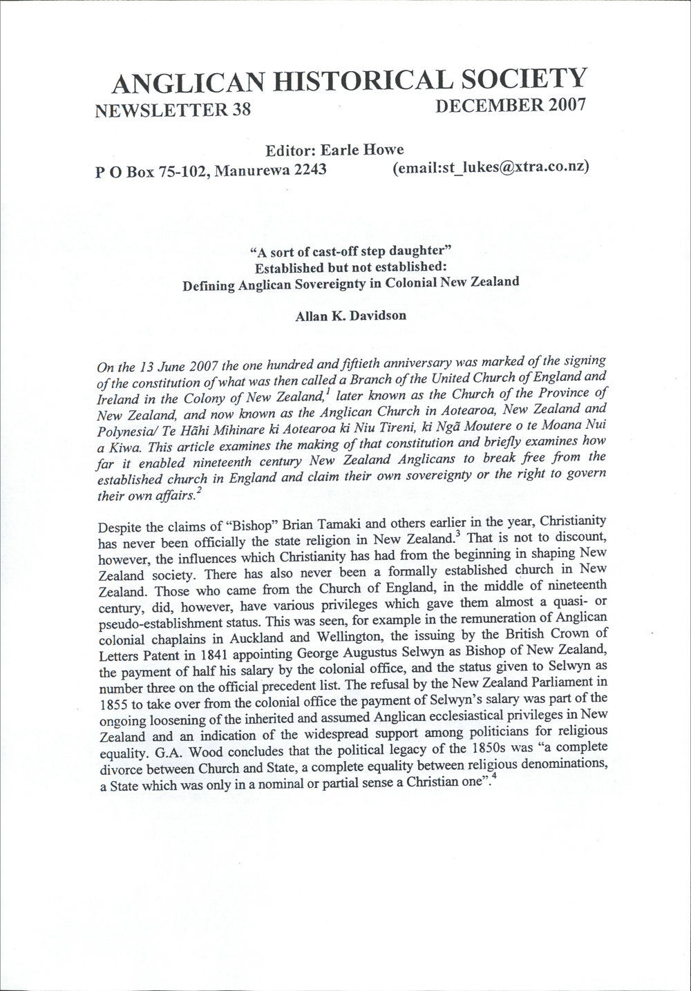 Anglican Historical Society: December 2007 - Newsletter 38