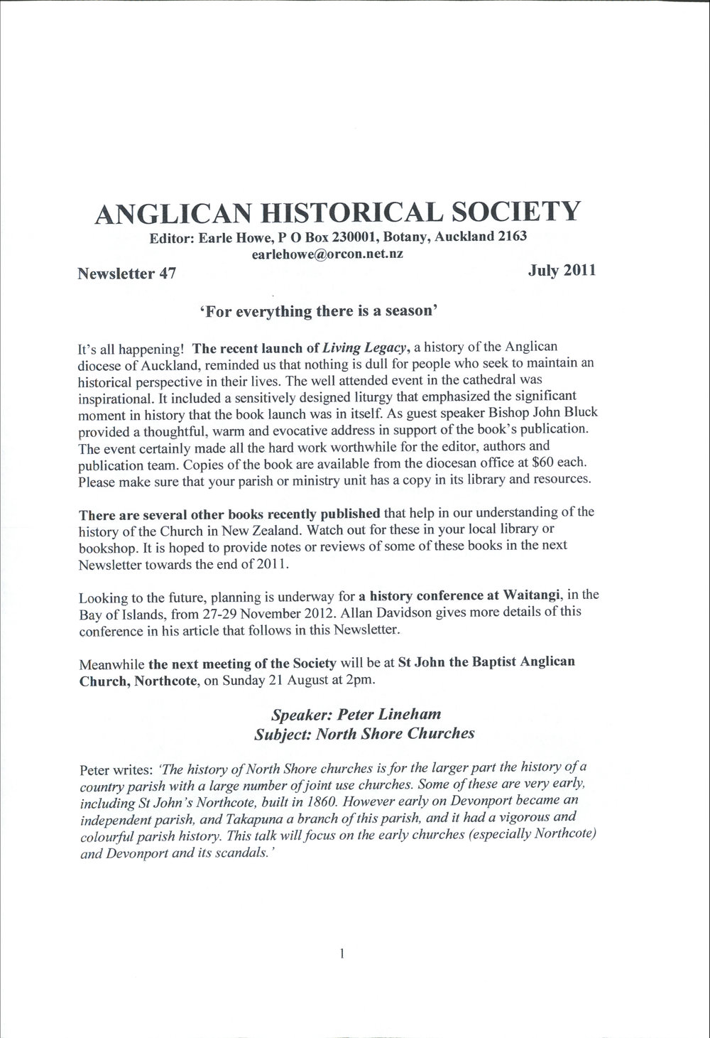 Anglican Historical Society: July 2011 - Newsletter 47