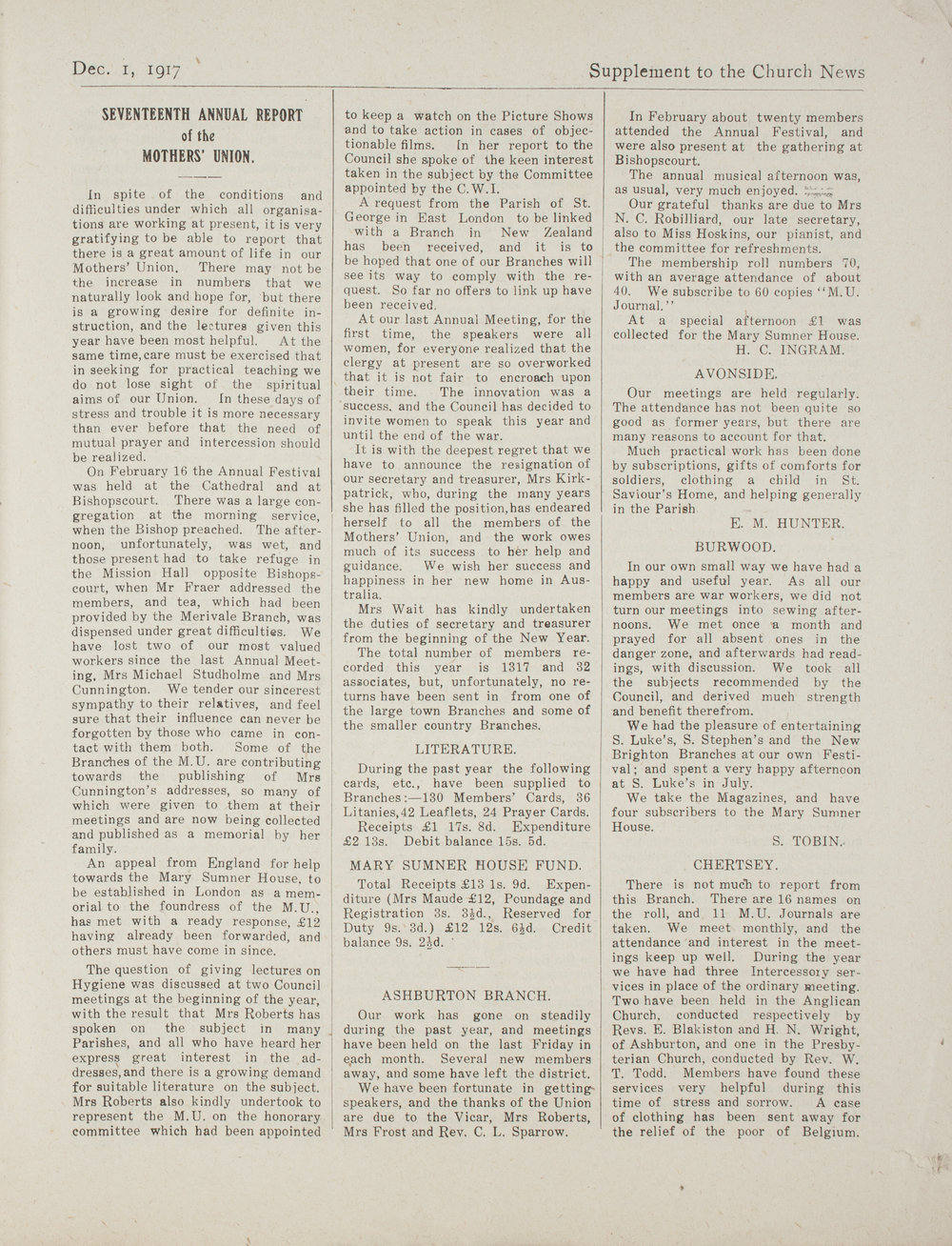 The Church News: Issue 12, December 1917 Supplement