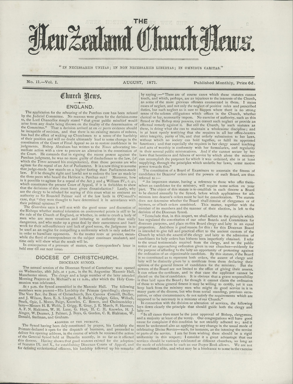 The New Zealand Church News: Issue 11, August 1871