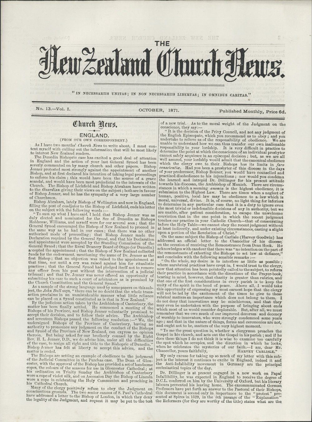 The New Zealand Church News: Issue 13, October 1871
