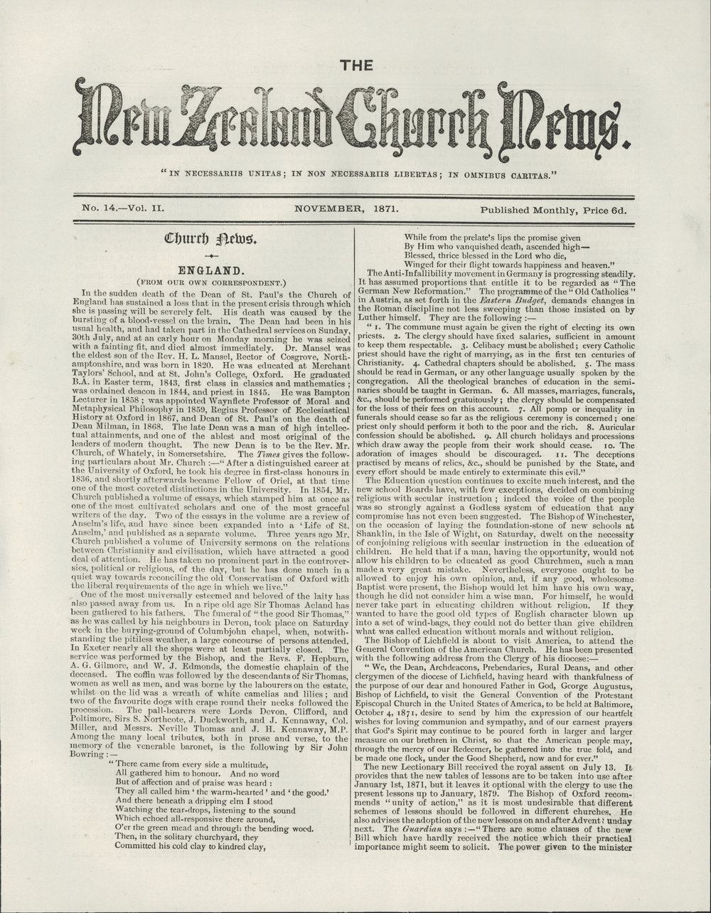 The New Zealand Church News: Issue 14, November 1871